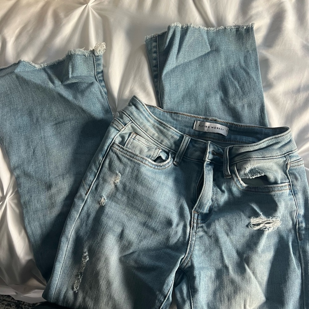 Light Blue Distressed Women Jeans-flying monkey